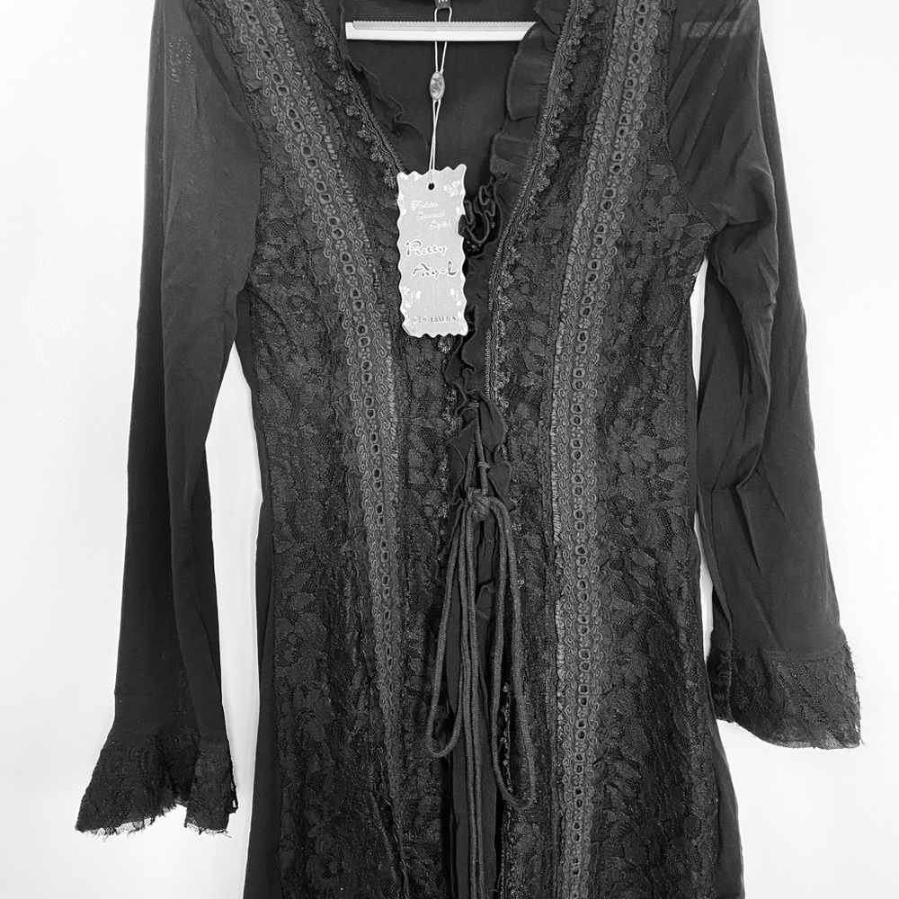 NWT Black Lacy lace up ruffle top medium